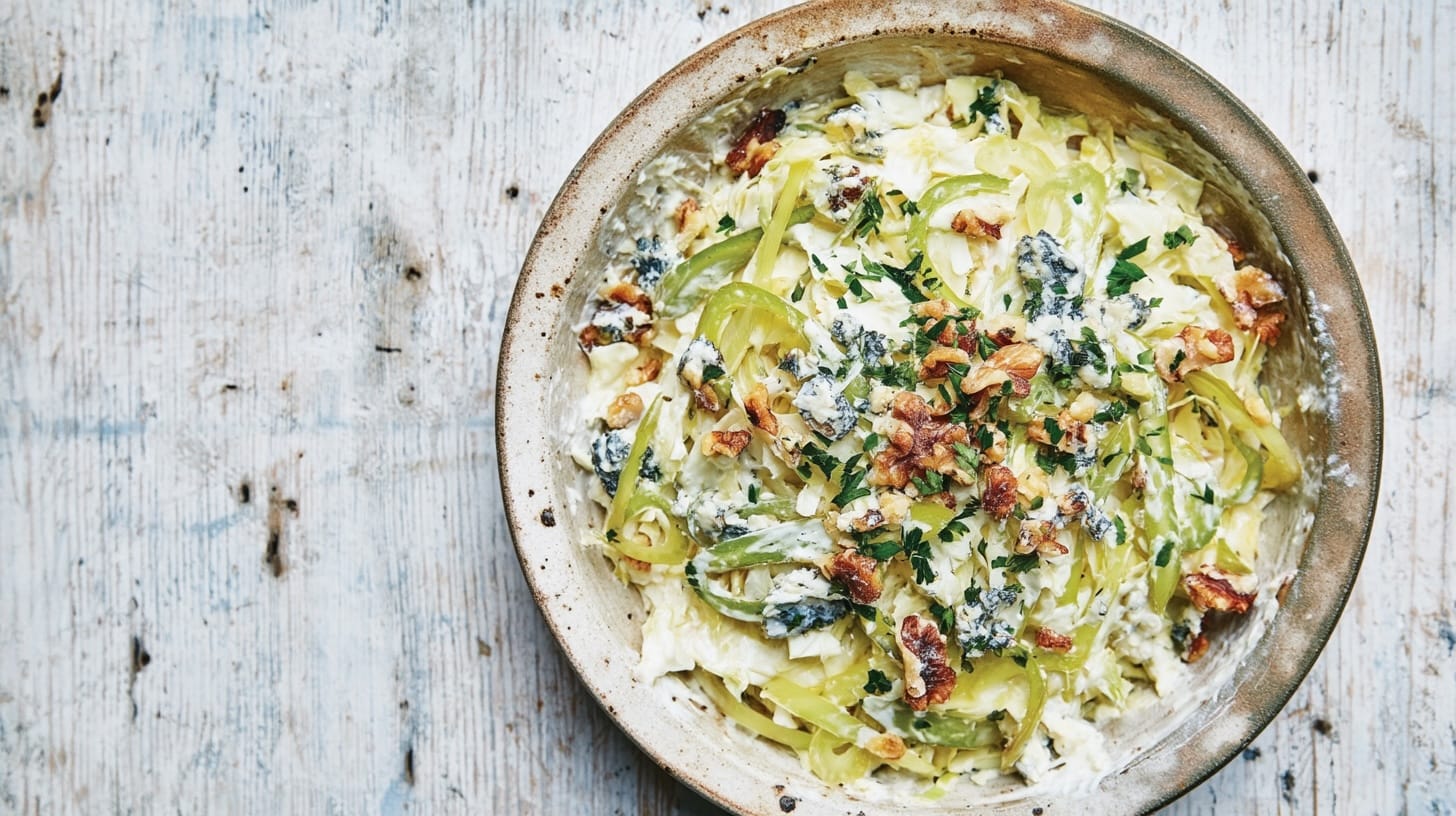 A bowl of coleslaw featuring blue cheese, celery, walnuts, and herbs on a wooden surface.