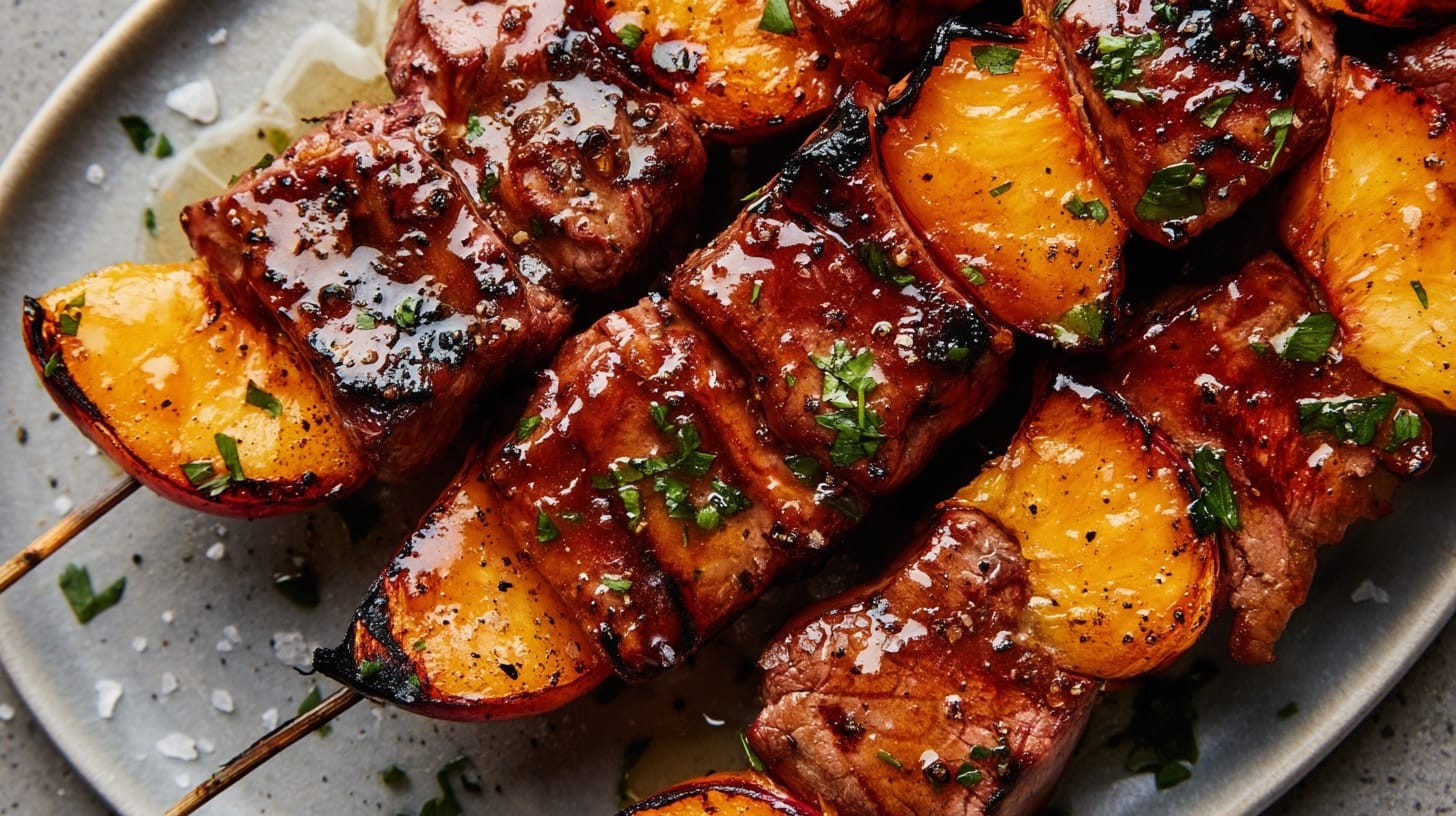 Grilled beef skewers with peaches, garnished with herbs and cracked black pepper on a plate.