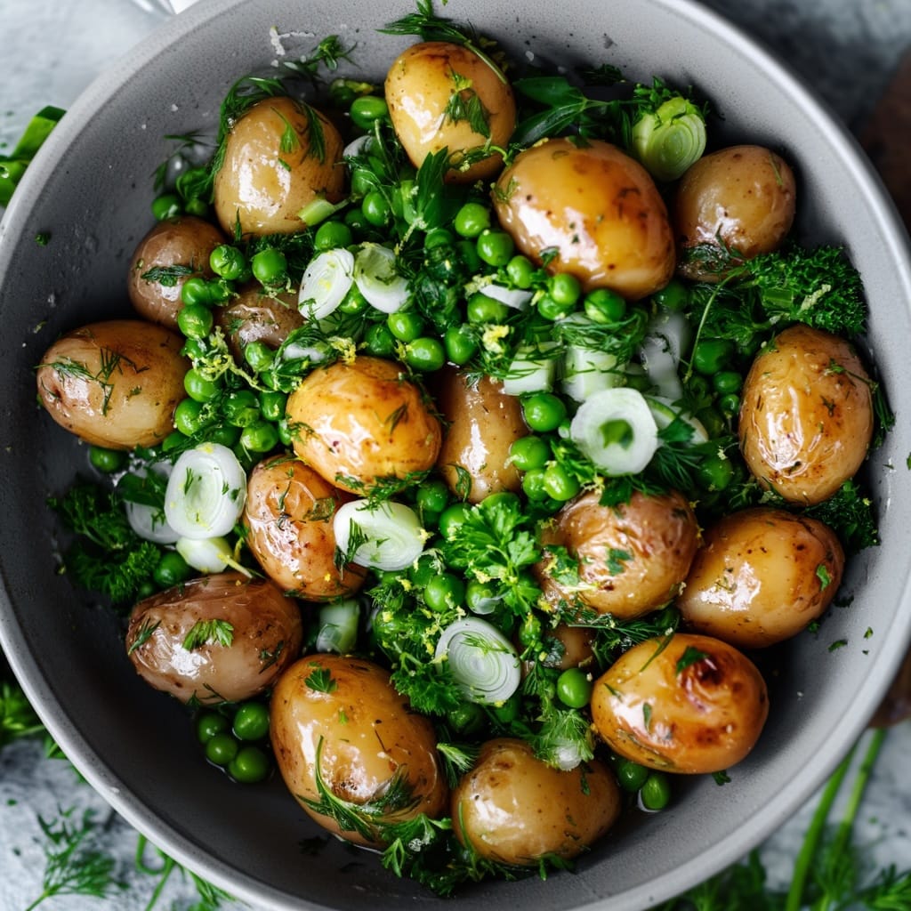 A bowl filled with buttered baby potatoes, dill, peas, and spring onions mixed together.
