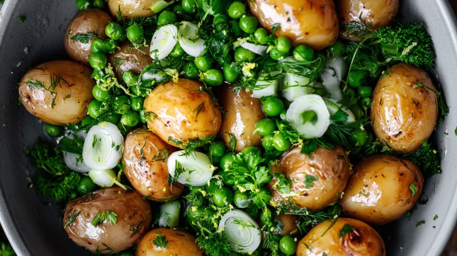 A bowl of buttered baby potatoes mixed with dill, peas, and spring onions.