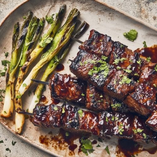 Grilled beef skewers glazed with chipotle sauce, served with charred spring onions and herbs.