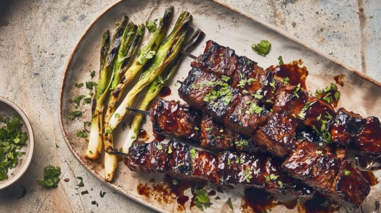Grilled beef skewers glazed with chipotle sauce, served with charred spring onions and herbs.