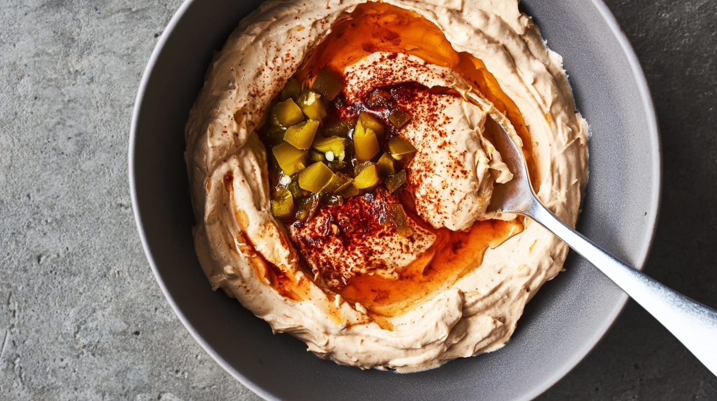 A bowl of creamy dip topped with jalapeños and a drizzle of honey.
