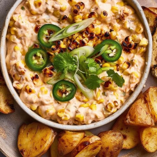 A creamy dip with sweetcorn, jalape&ntilde;os, and herbs served with toasted bread and potatoes.