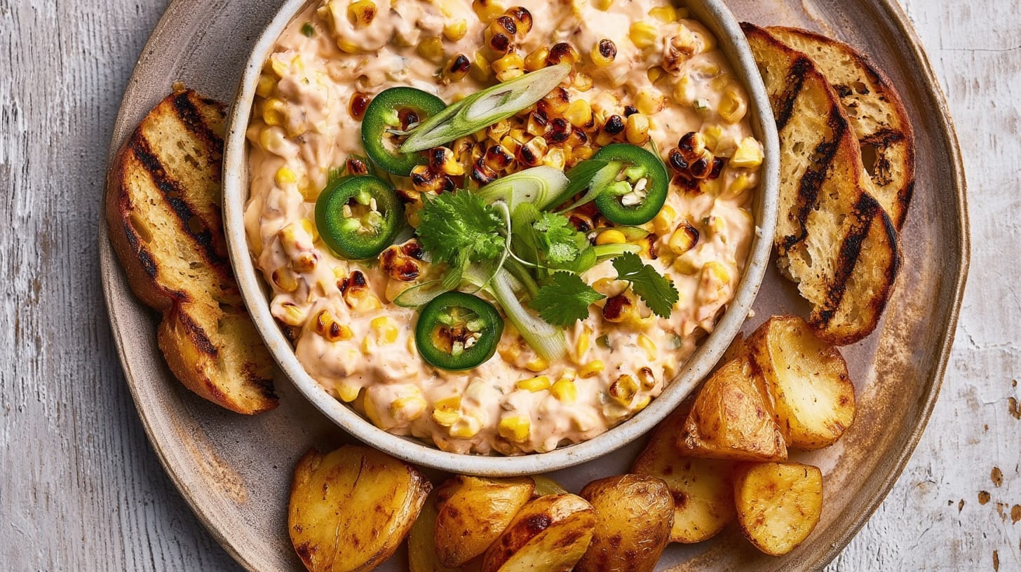 A creamy dip with sweetcorn, jalapeños, and herbs served with toasted bread and potatoes.