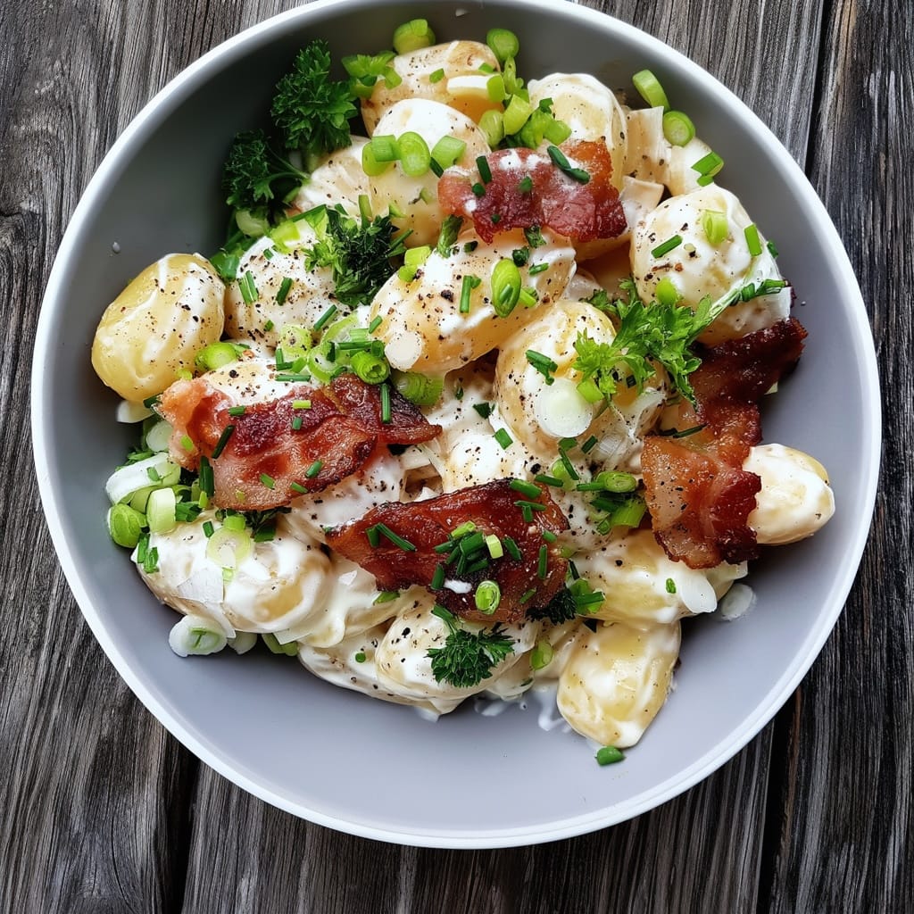 A bowl of creamy mustard potato salad topped with bacon and spring onions on a wooden table.