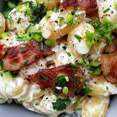 Bowl of creamy mustard potato salad with bacon, spring onions, and parsley on a wooden surface.