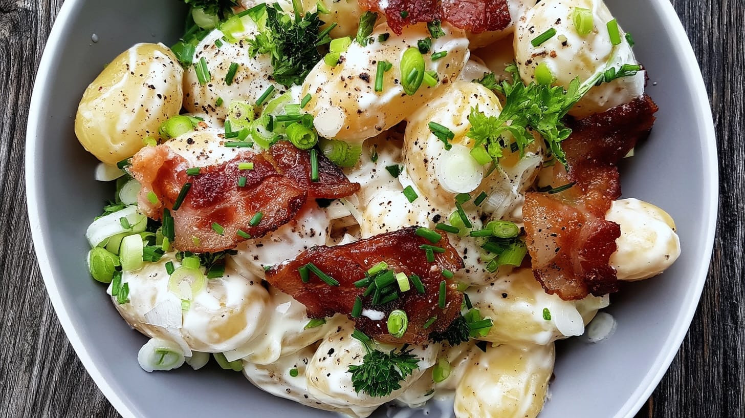 Bowl of creamy mustard potato salad with bacon, spring onions, and parsley on a wooden surface.