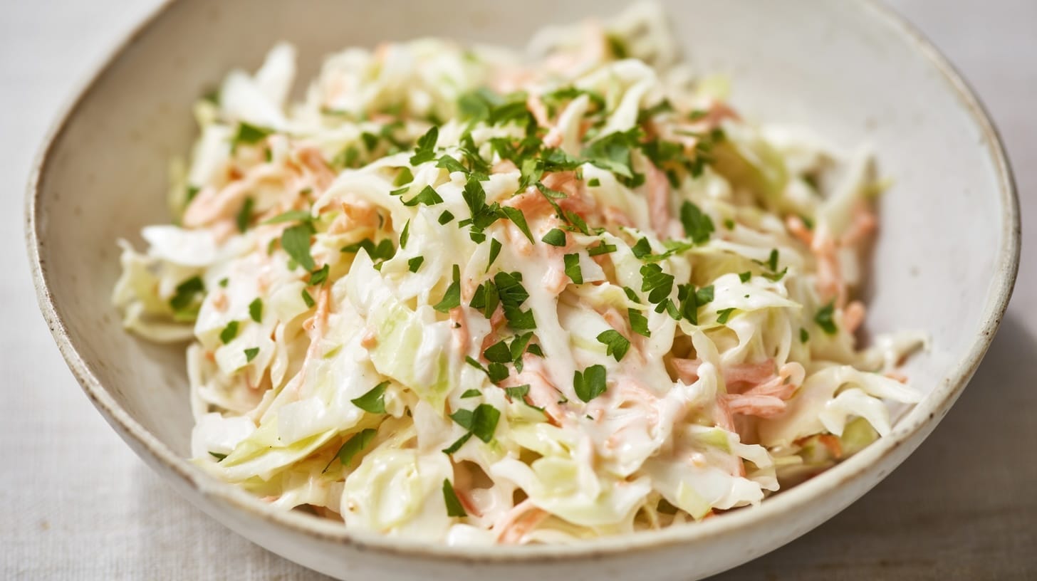 A bowl of creamy coleslaw made with shredded cabbage and carrots, garnished with chopped parsley.