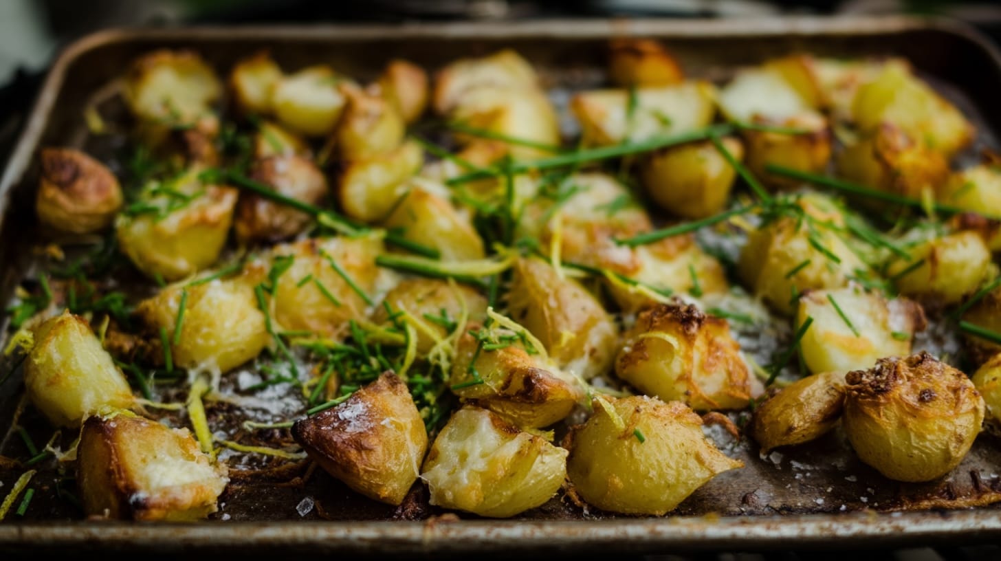 Golden roasted potatoes garnished with chives and lemon zest on a baking tray.