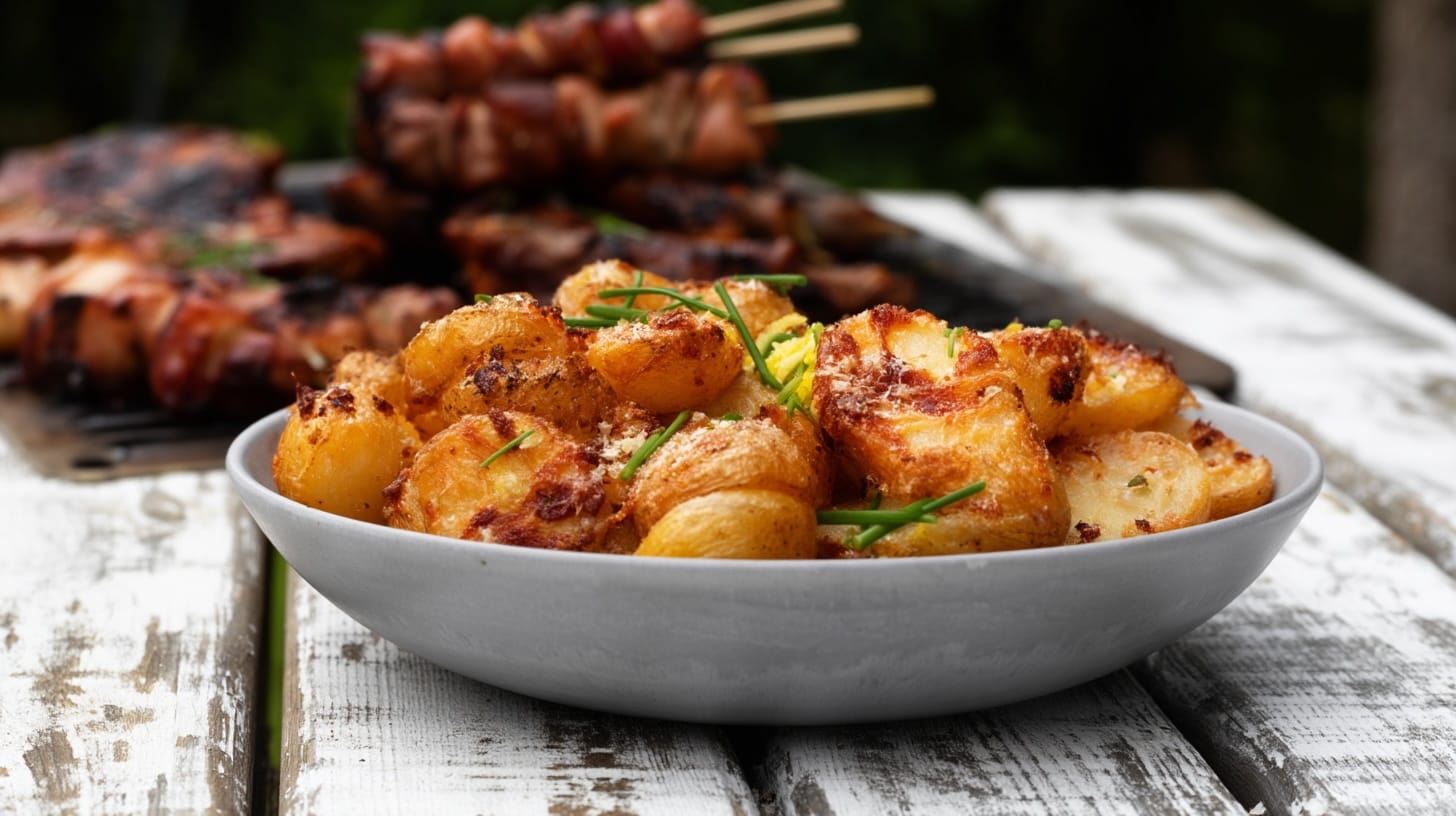 A bowl of crispy garlic parmesan potatoes garnished with chives on a wooden table.
