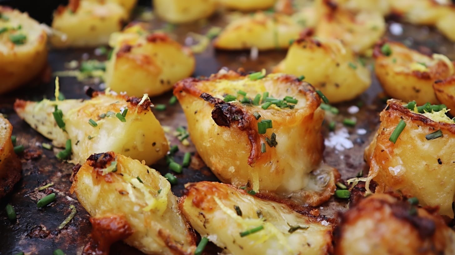 Golden brown crispy potatoes topped with green chives and lemon zest on a baking tray.