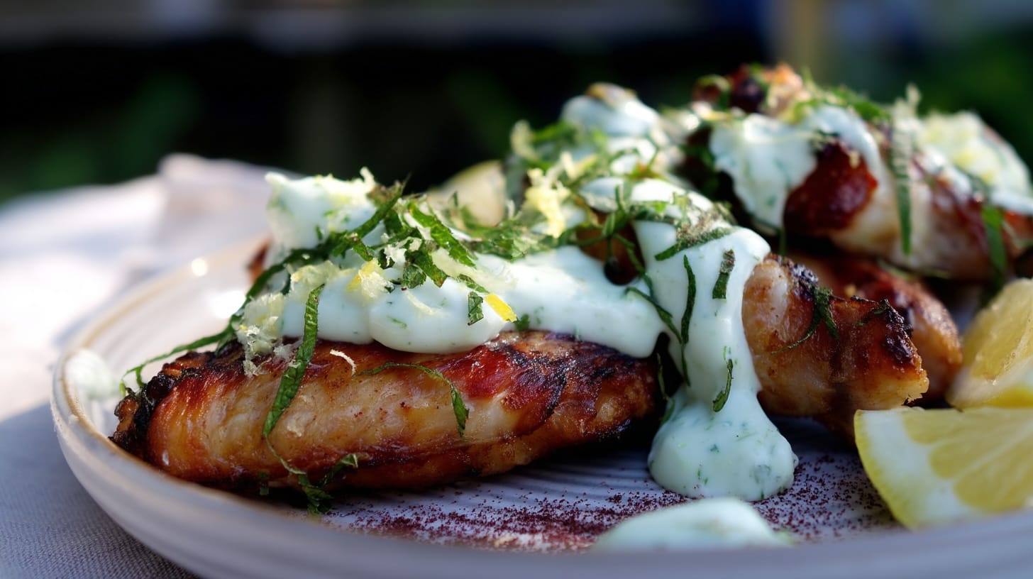 Grilled chicken wings topped with cucumber yoghurt sauce, mint, and lemon slices on a plate.