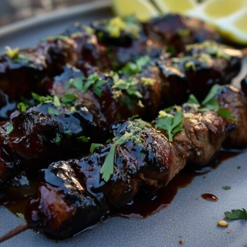 Grilled beef skewers glazed with date syrup, garnished with fresh herbs and lemon wedges.