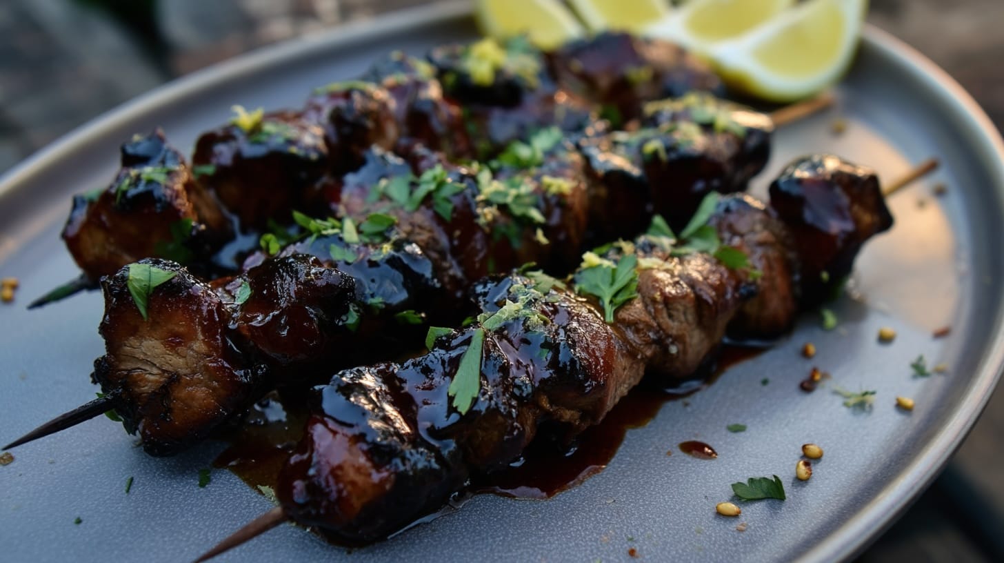Grilled beef skewers glazed with date syrup, garnished with fresh herbs and lemon wedges.