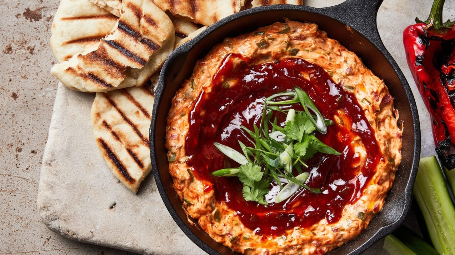 A creamy dip with a red sauce and green garnish in a cast iron skillet, served with grilled flatbread.