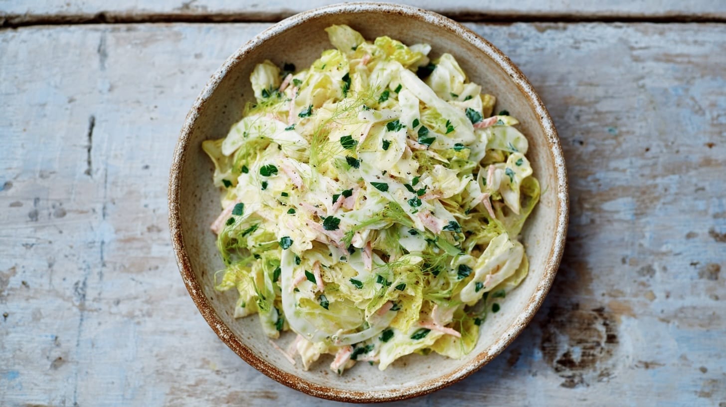 A bowl of coleslaw salad featuring shredded cabbage, herbs, and a creamy dressing.