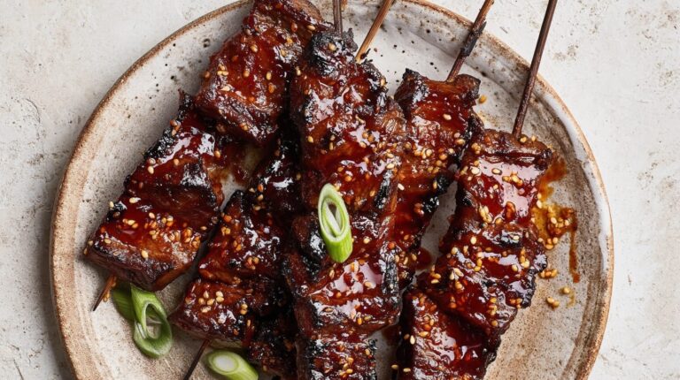 Grilled beef skewers glazed with gochujang honey sauce, garnished with sesame seeds and green onions.