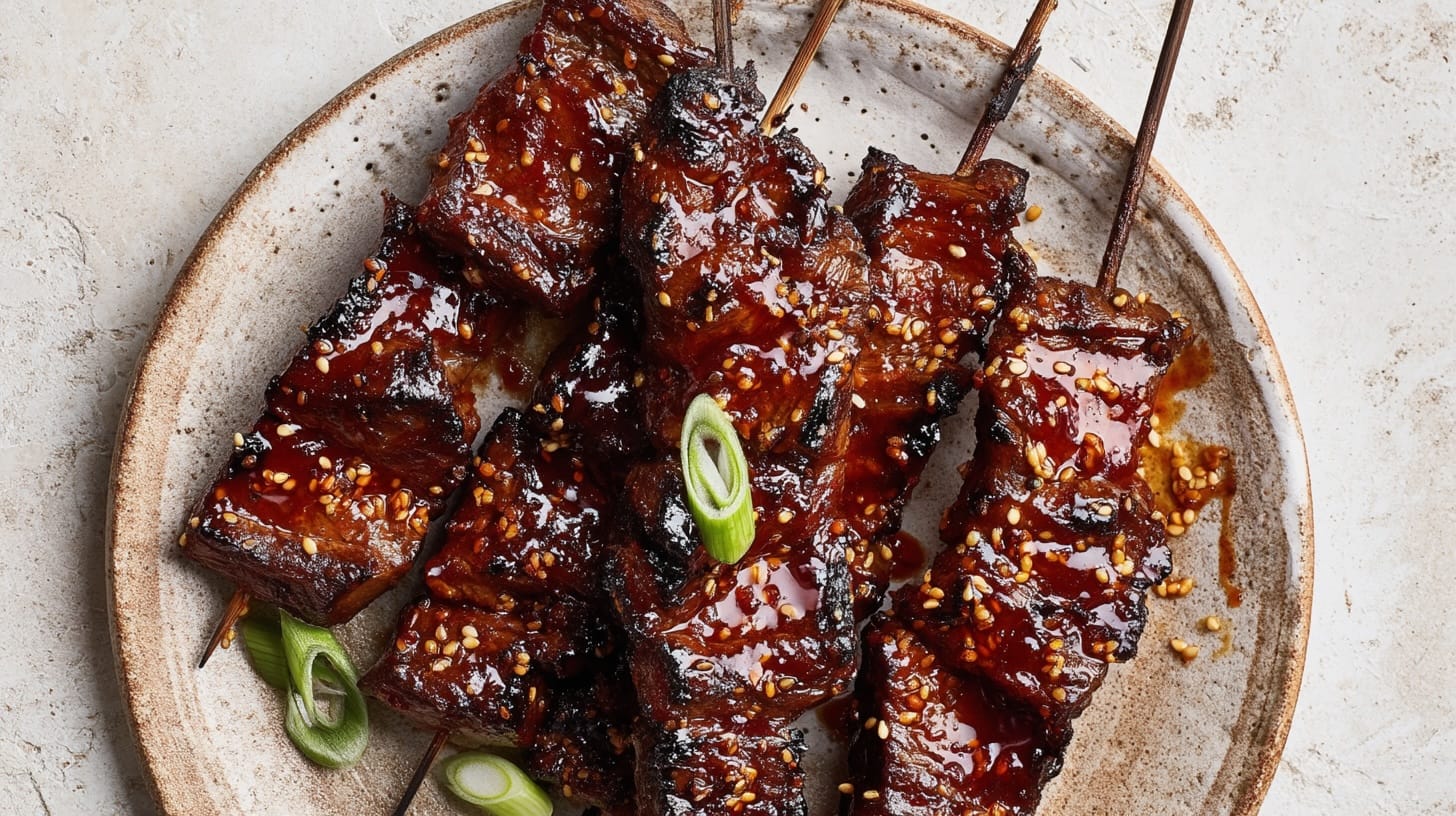 Grilled beef skewers glazed with gochujang honey sauce, garnished with sesame seeds and green onions.