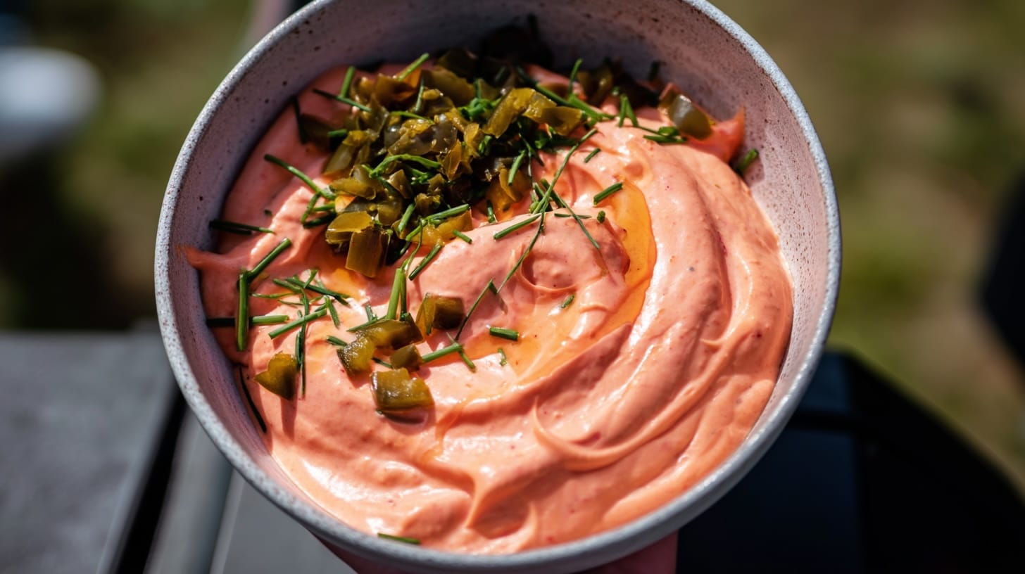 A bowl of pink dip topped with chopped jalapeños and green herbs on a dark surface.
