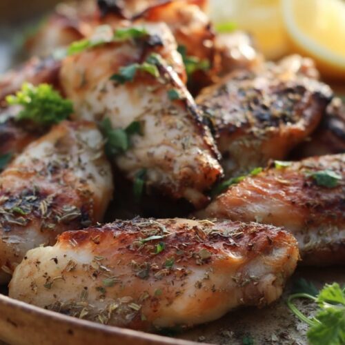Golden-brown chicken wings garnished with herbs, served with lemon wedges and garlic yoghurt.