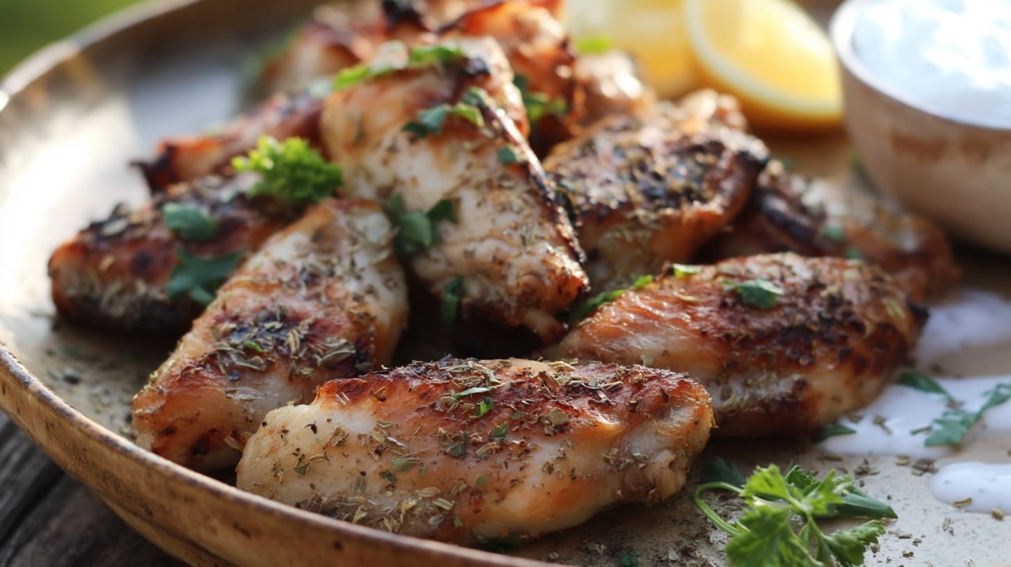 Golden-brown chicken wings garnished with herbs, served with lemon wedges and garlic yoghurt.