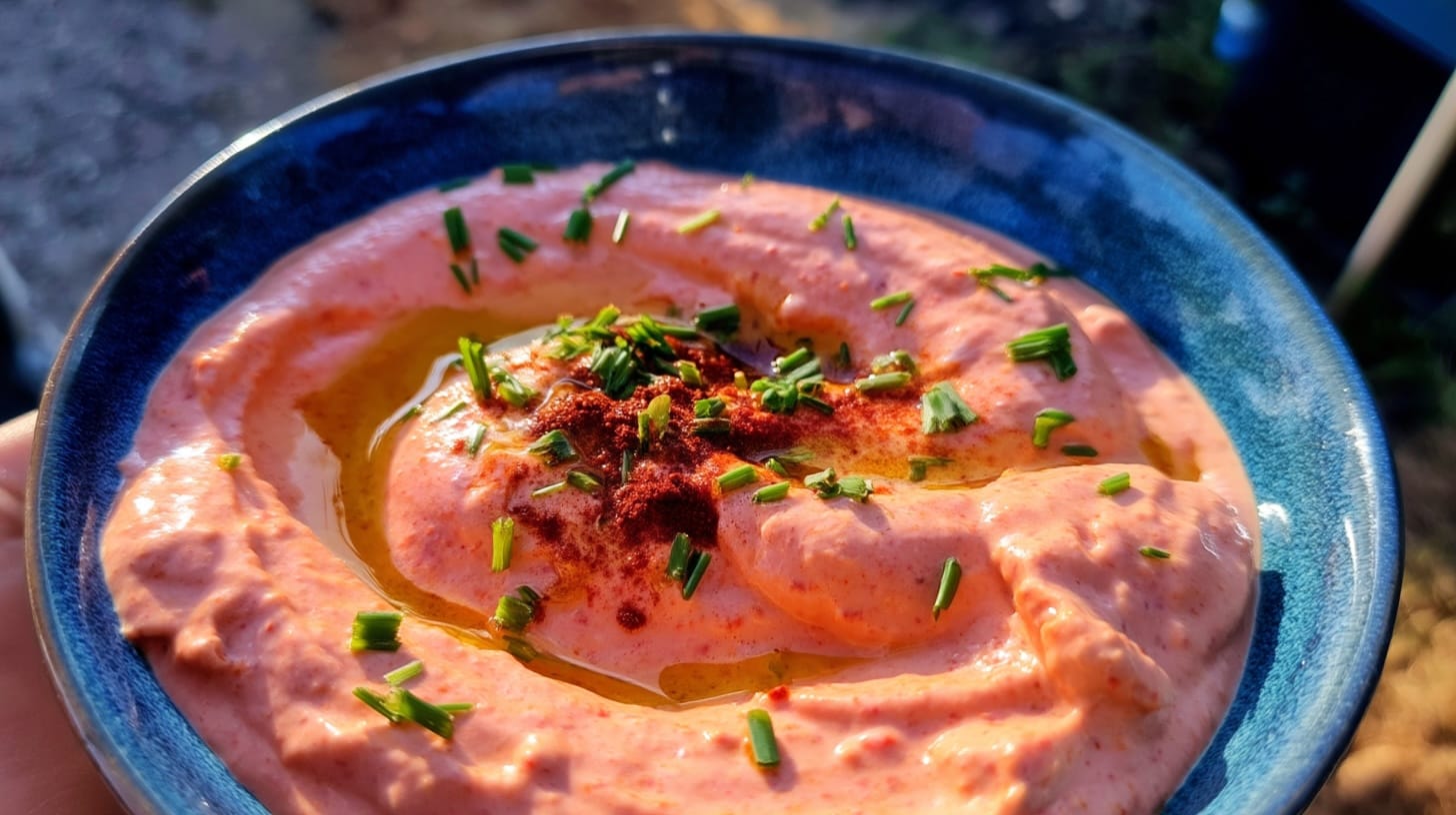 A bowl of Greek yoghurt dip with a pink hue, topped with olive oil and herbs.