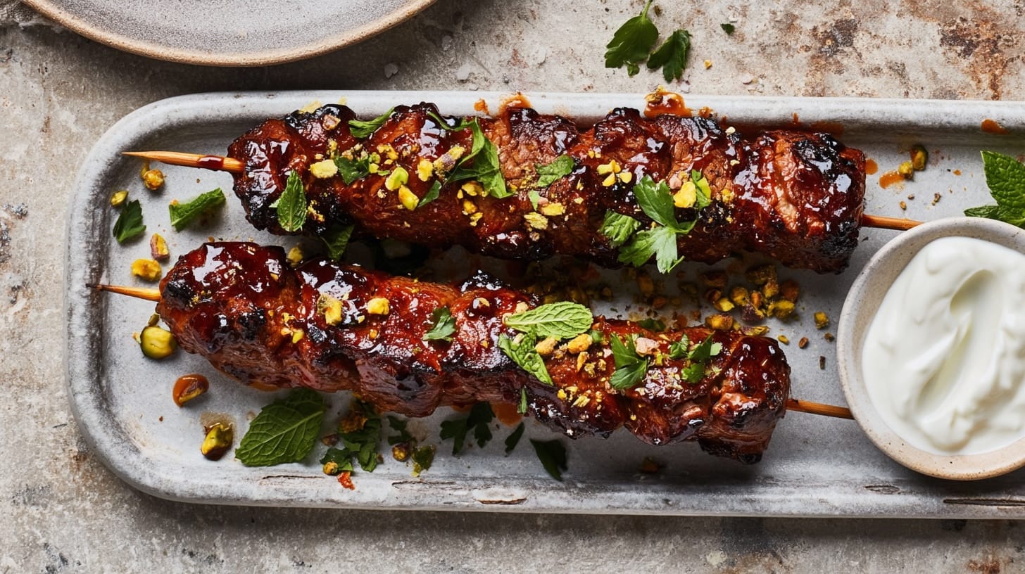 Two beef skewers topped with mint, pistachios, and a side of yogurt sauce.