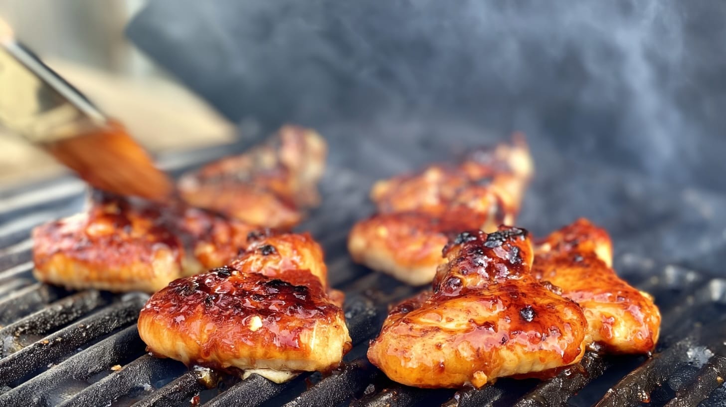 Grilled chicken wings coated in a honey and feta sauce, with thyme and lemon, on a barbecue grill.