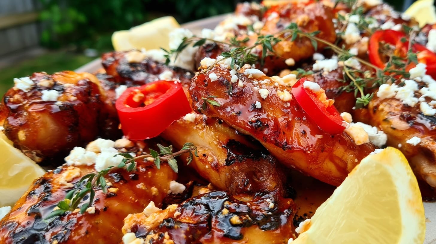 A plate of chicken wings topped with feta, chilli, thyme, and lemon wedges.