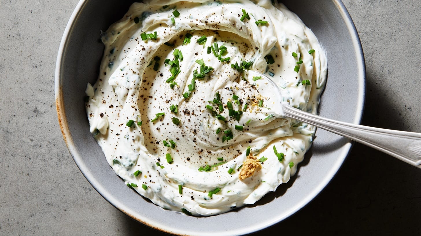 A creamy dip with chives and black pepper in a grey bowl on a stone surface.