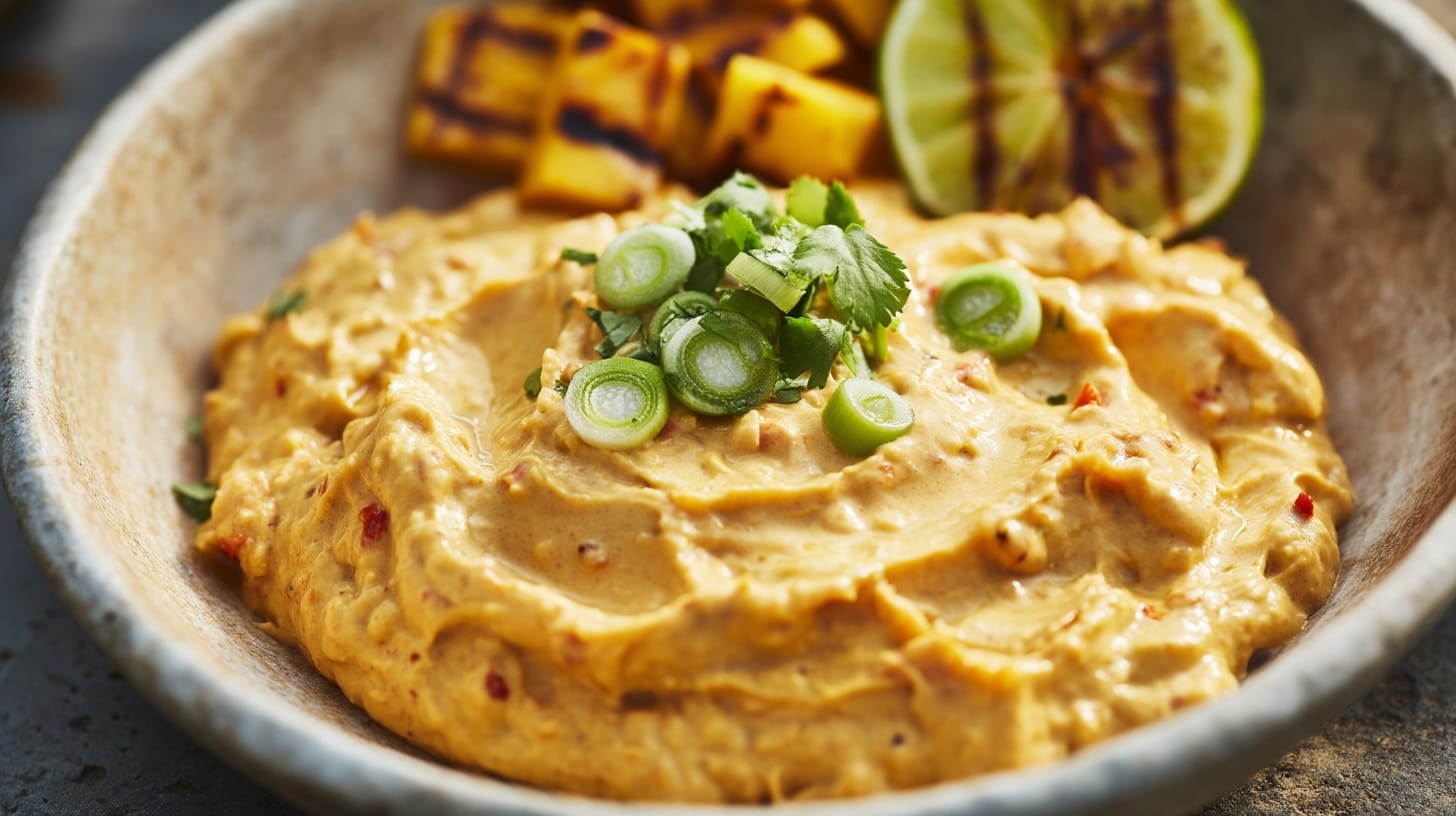 Creamy mango habanero dip garnished with green onions, served with grilled lime and pineapple.