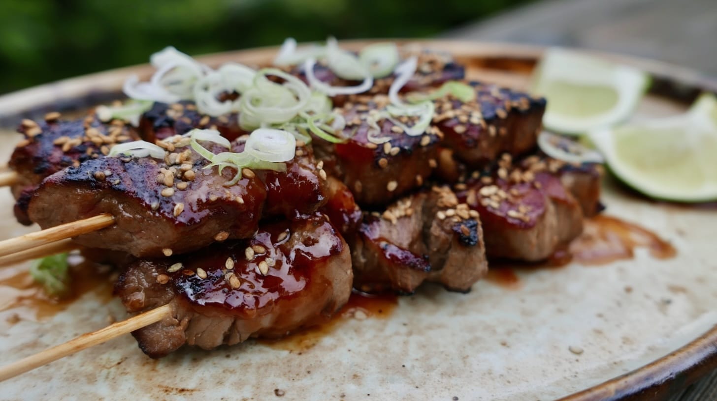 Three beef skewers topped with green onions and sesame seeds on a plate with lime slices.