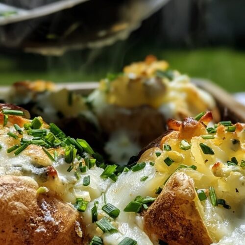 Baked potatoes topped with blue cheese, chives, and melted cheese on a wooden tray.