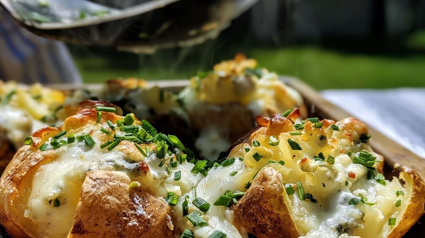 Baked potatoes topped with blue cheese, chives, and melted cheese on a wooden tray.