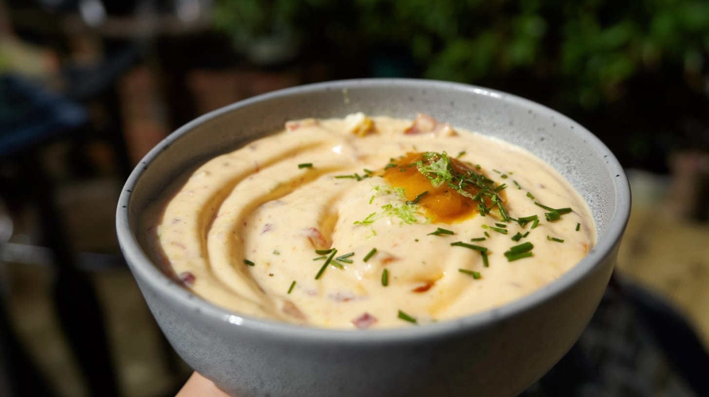 A bowl of creamy dip with a smooth texture, garnished with herbs and a drizzle of sauce.