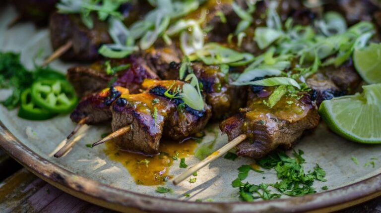 Grilled beef skewers topped with green onions, lime, and jalapeno slices on a plate.