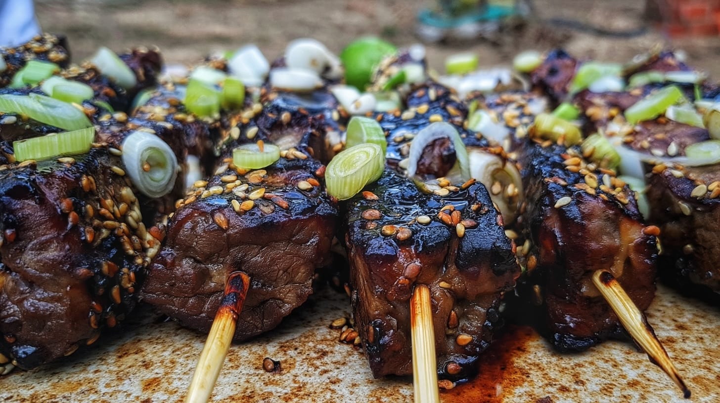 Grilled beef skewers coated with sesame seeds and topped with chopped green onions.