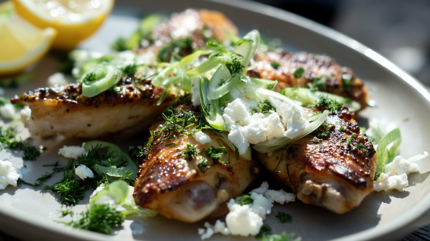 Golden brown chicken wings garnished with spring onion, feta cheese, and fresh herbs on a plate.