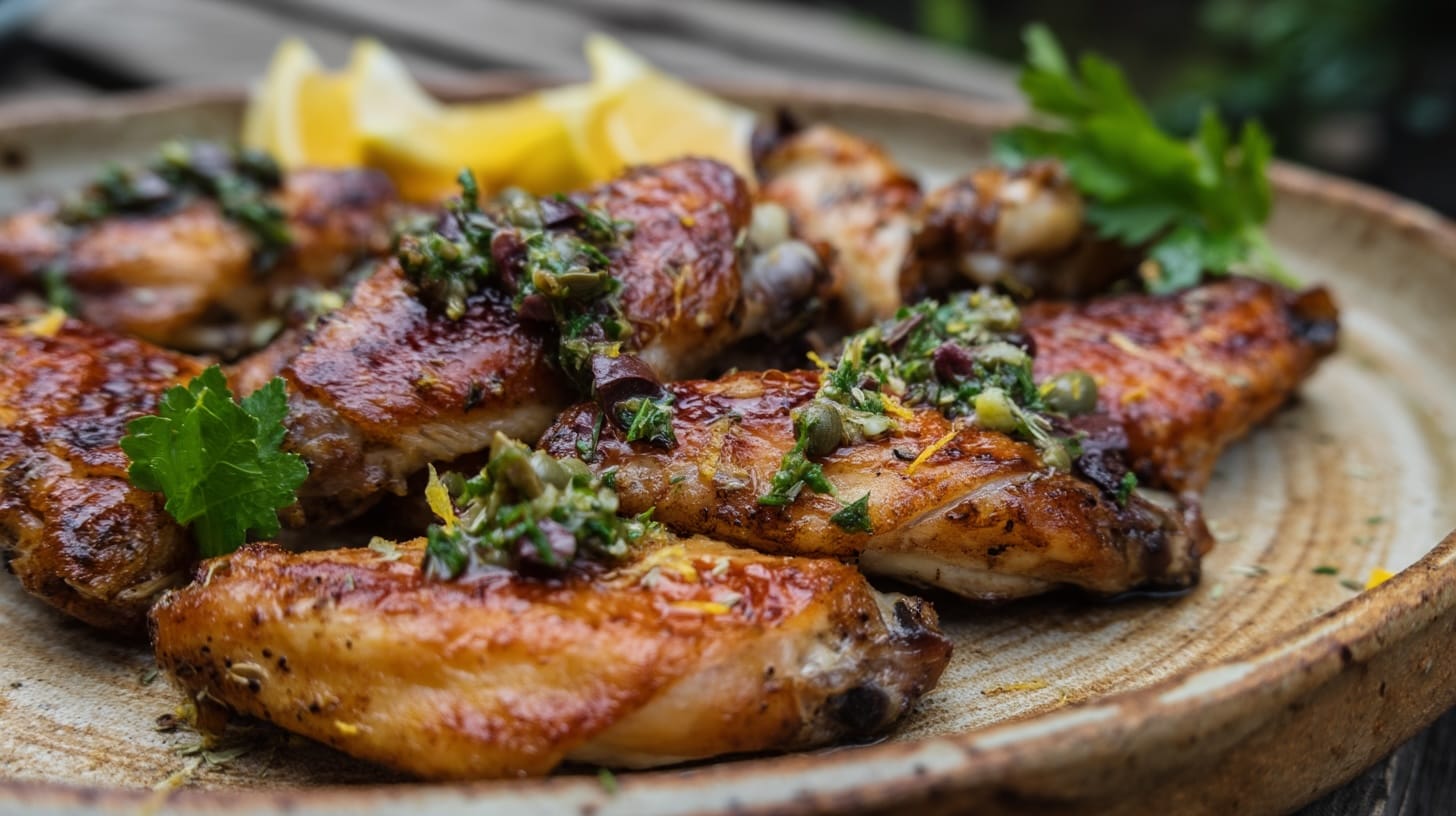 Golden-brown chicken wings garnished with parsley, capers, and lemon on a rustic plate.