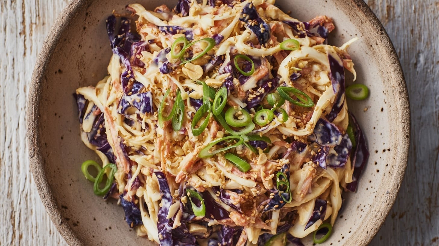 A bowl of coleslaw made with shredded cabbage, peanuts, and green onions on top.