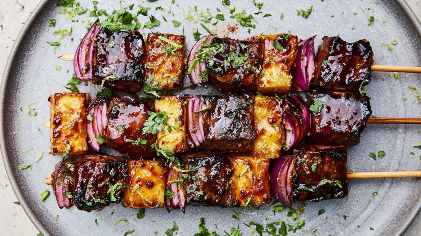 Grilled beef skewers with pineapple and red onion, garnished with chopped coriander on a plate.