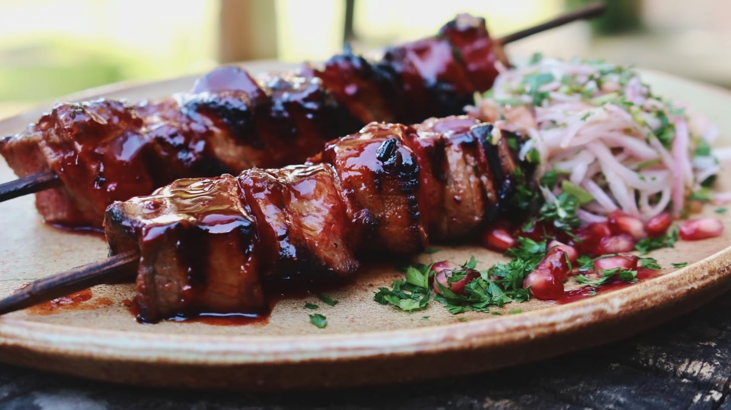 Three beef skewers glazed with sauce, served with red onion relish and pomegranate seeds.