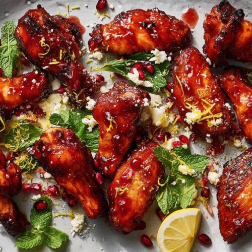 A platter of chicken wings garnished with mint, pomegranate seeds, and feta cheese.