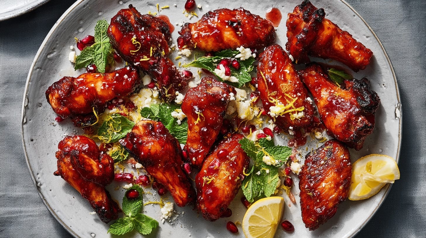 A platter of chicken wings garnished with mint, pomegranate seeds, and feta cheese.