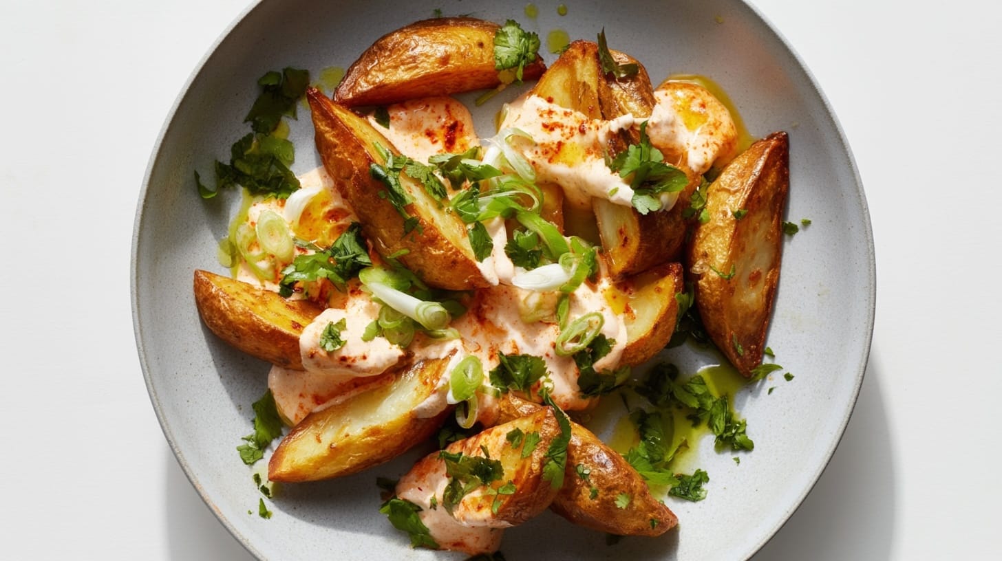 Golden brown potato wedges topped with creamy sauce and fresh green herbs on a plate.