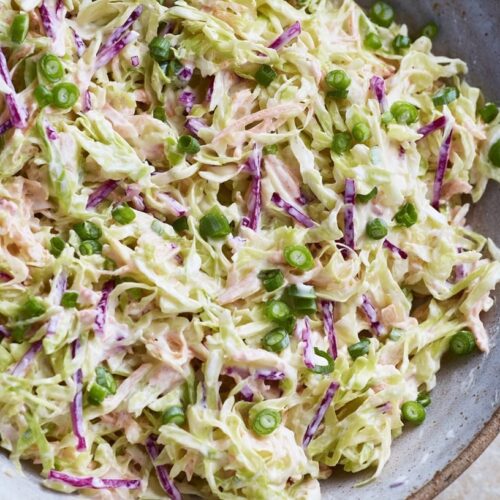 A bowl of coleslaw featuring shredded cabbage, radishes, green onions, and a creamy dressing.