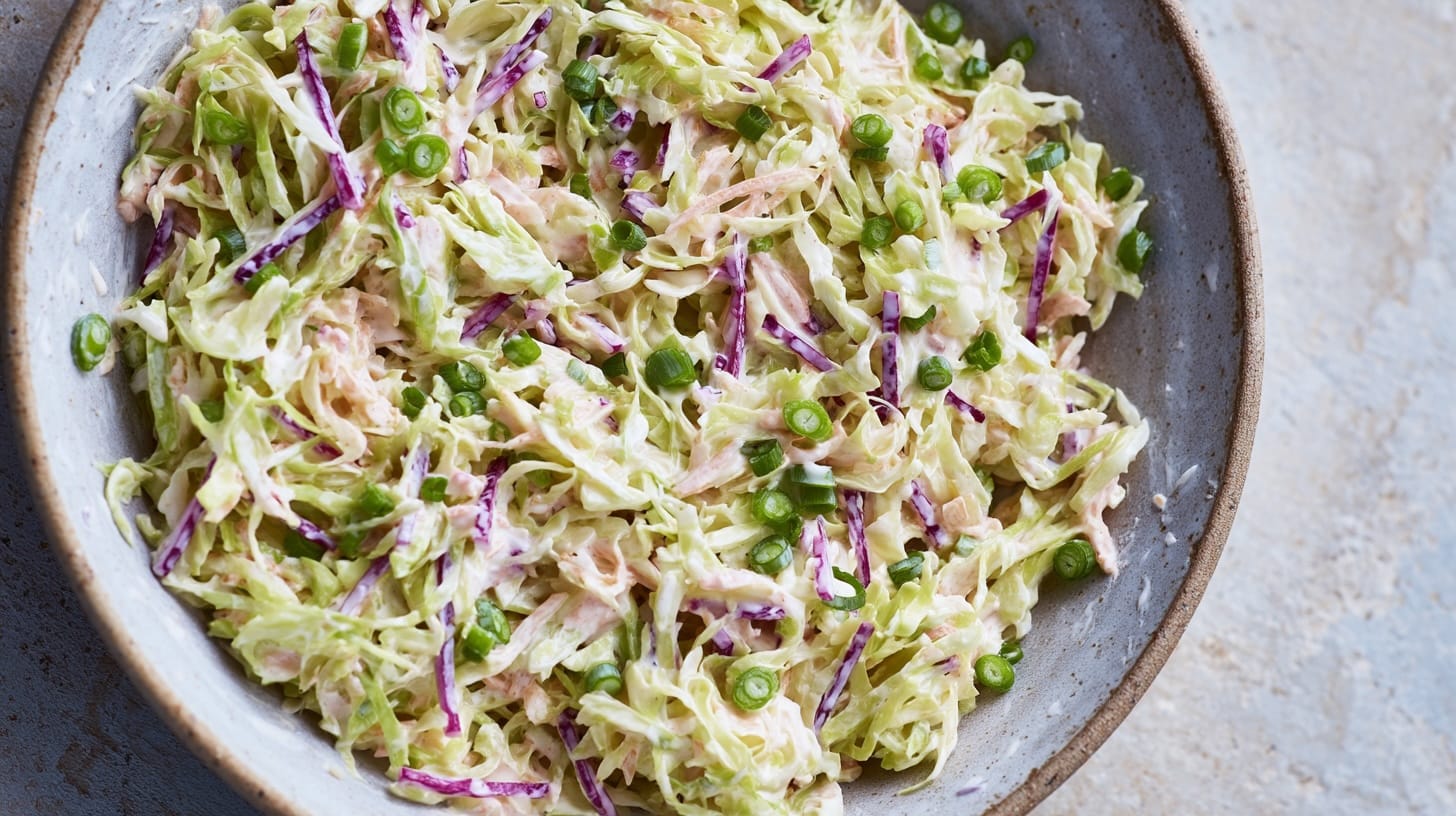 A bowl of coleslaw featuring shredded cabbage, radishes, green onions, and a creamy dressing.