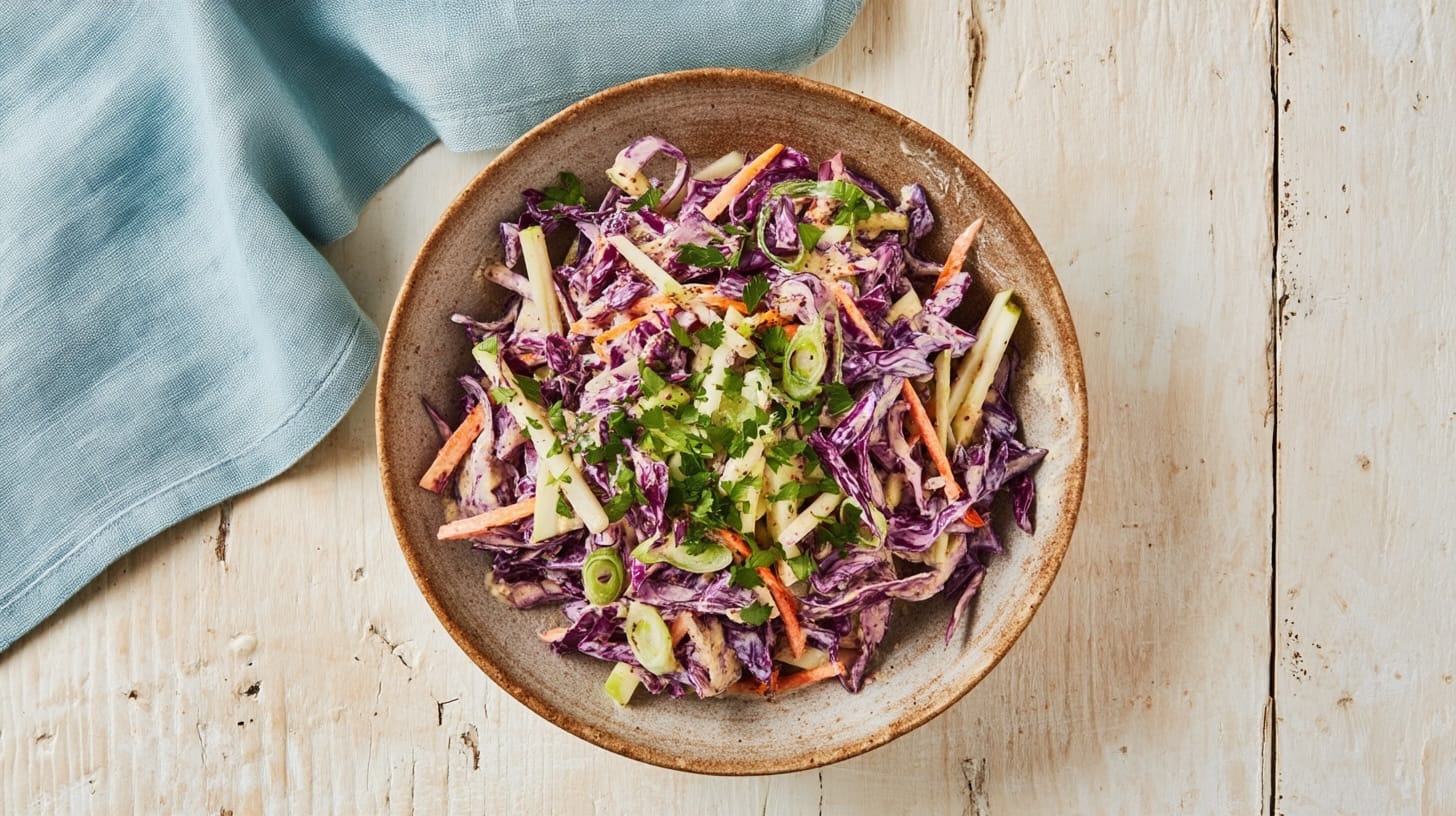 A bowl of red cabbage coleslaw with apple, mustard, and green onions on a wooden table.