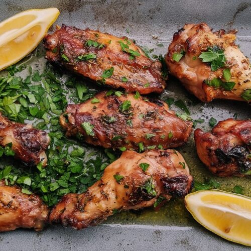 Grilled chicken wings garnished with herbs and lemon wedges on a grey platter